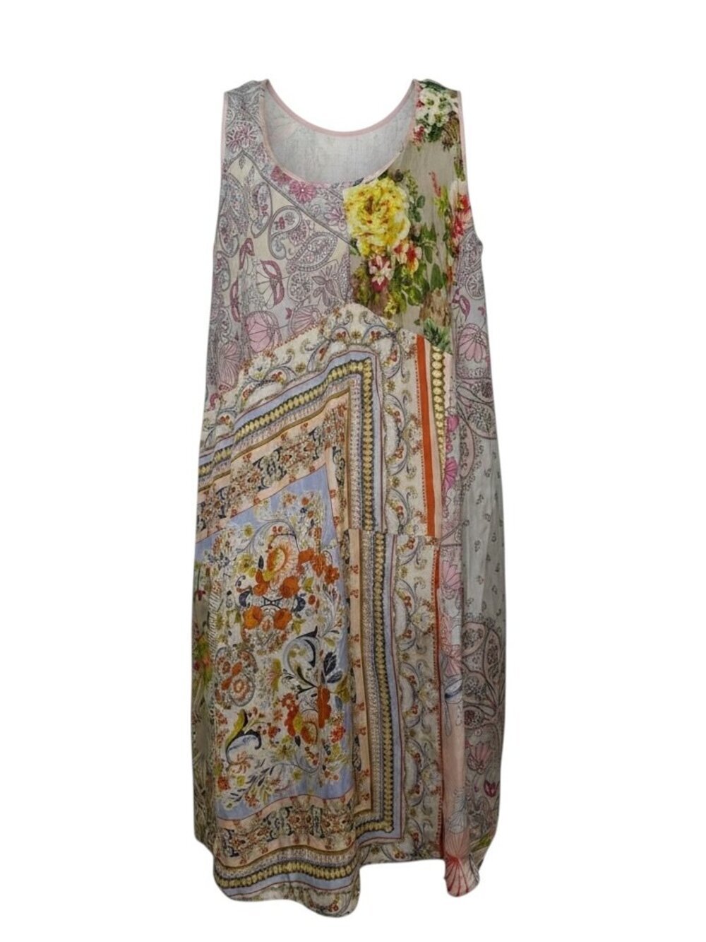 Johnny Was Silk Patchwork Midi Dress 1X Boho Floral Handkerchief